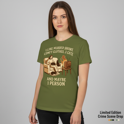 Murder Shows, Cats & Cozy Vibes T-Shirt__space