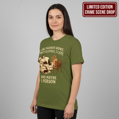 Murder Shows, Cats & Cozy Vibes T-Shirt__benefit