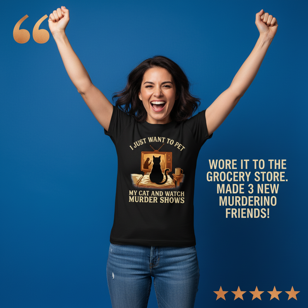 Pet My Cat and Watch Murder Shows T-Shirt_model_testimonial
