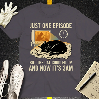 Late-Night Cat Cuddle Crime Binge T-Shirt_3_model