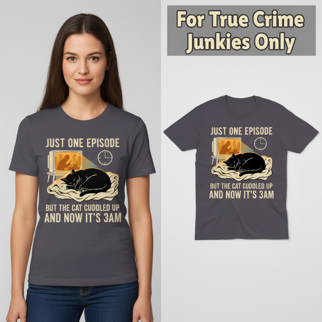 Late-Night Cat Cuddle Crime Binge T-Shirt_model_flat