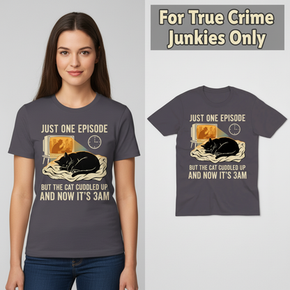Late-Night Cat Cuddle Crime Binge T-Shirt_model_flat