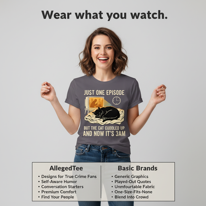 Late-Night Cat Cuddle Crime Binge T-Shirt_product_table