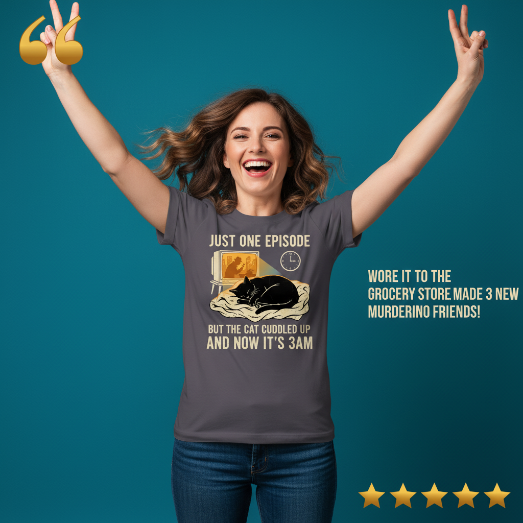 Late-Night Cat Cuddle Crime Binge T-Shirt_model_testimonial