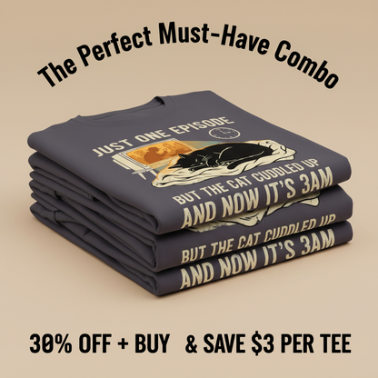 Late-Night Cat Cuddle Crime Binge T-Shirt_stacked_promotion