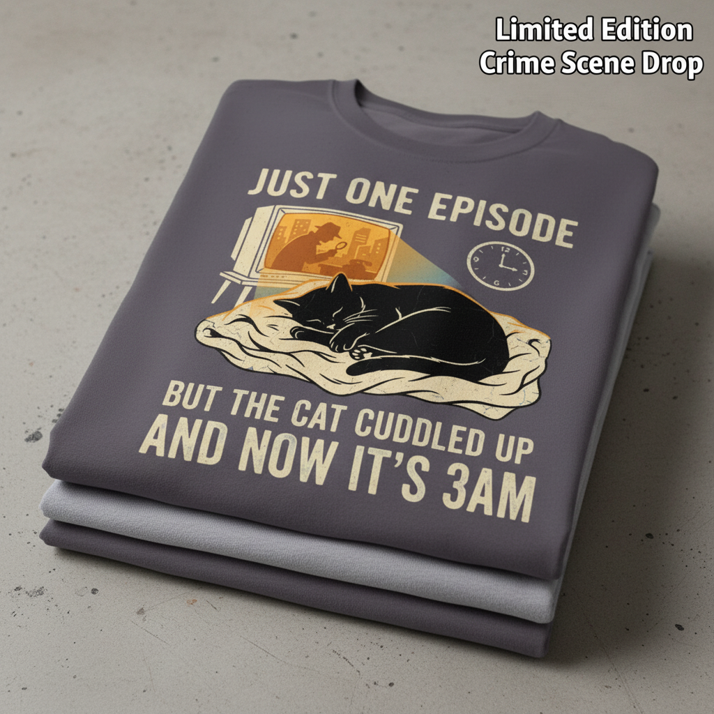 Late-Night Cat Cuddle Crime Binge T-Shirt_stacked_flatlay