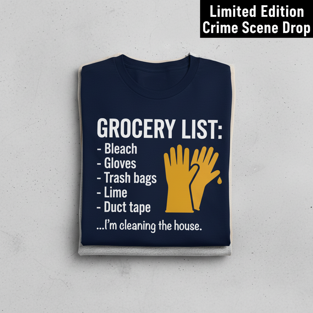 Grocery List Crime Humor T-Shirt_stacked_flatlay