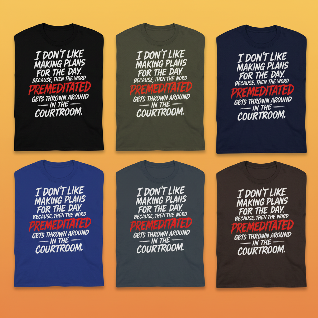 Premeditated Courtroom Humor T-Shirt_6color_grid