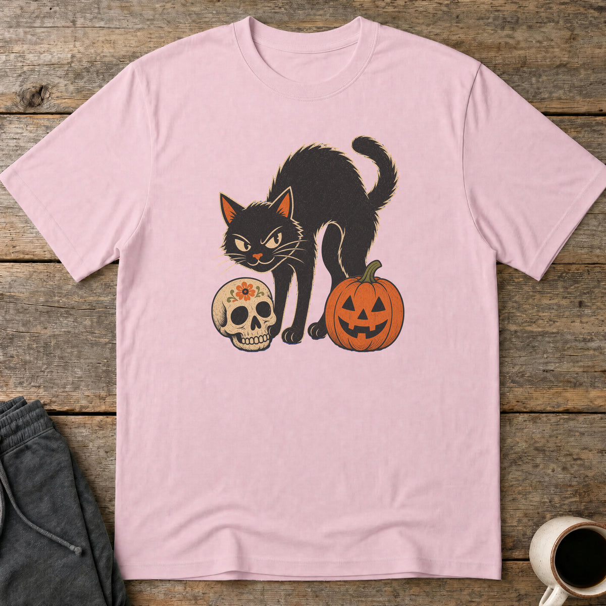 Vintage Spooky Cat T-Shirt — Light Pink