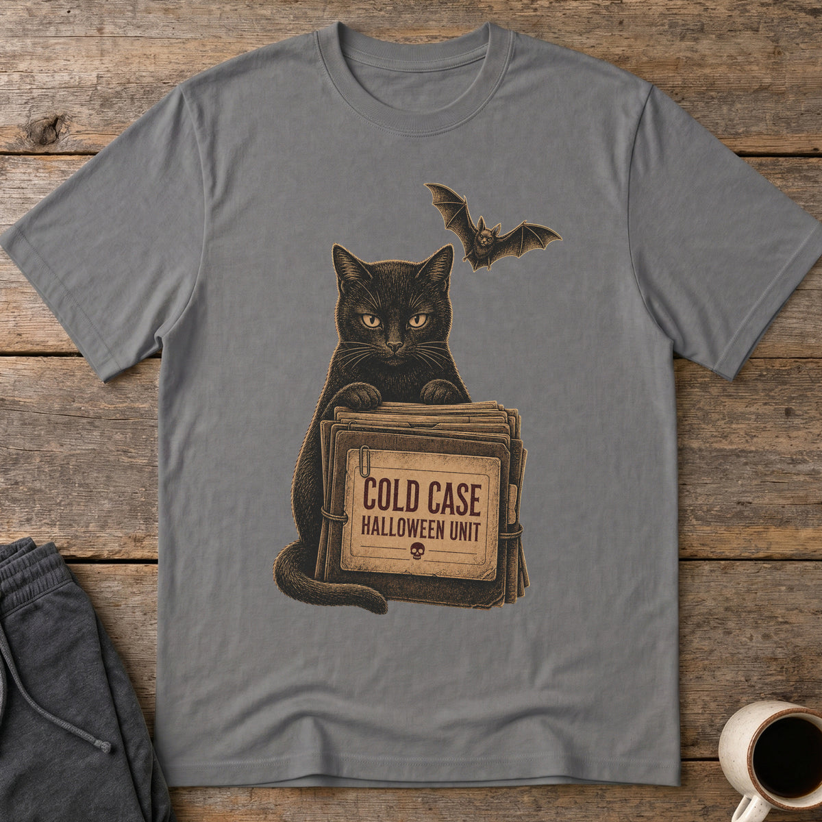 Cold Case Cat T-Shirt — Charcoal