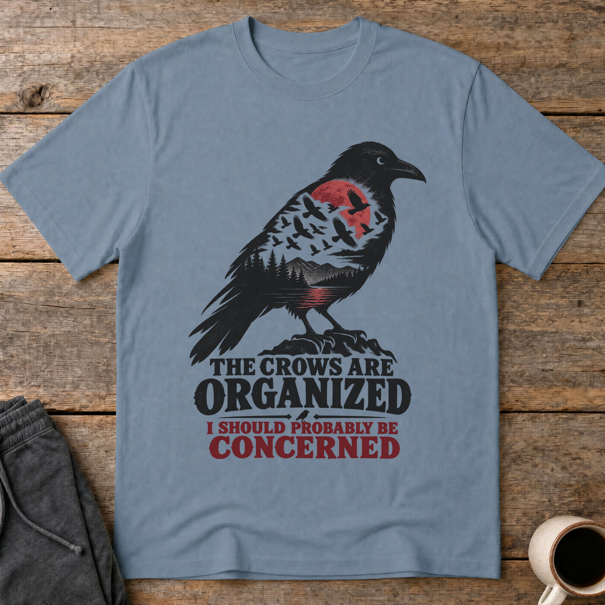 Organized Crows T-Shirt — Stone Blue