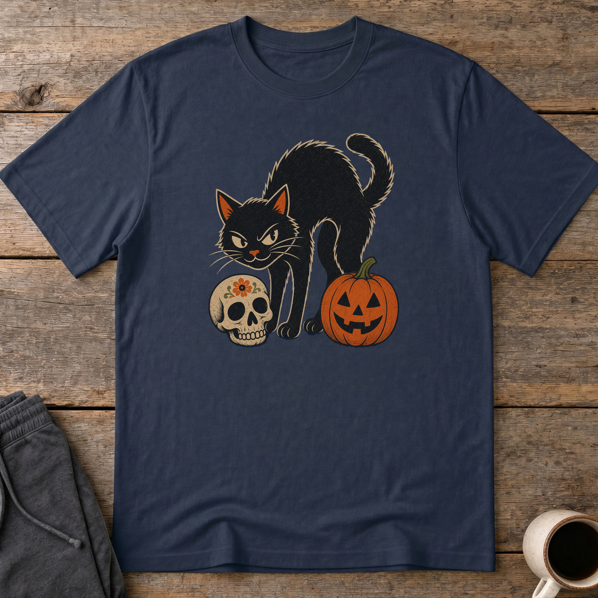 Vintage Spooky Cat T-Shirt — Navy