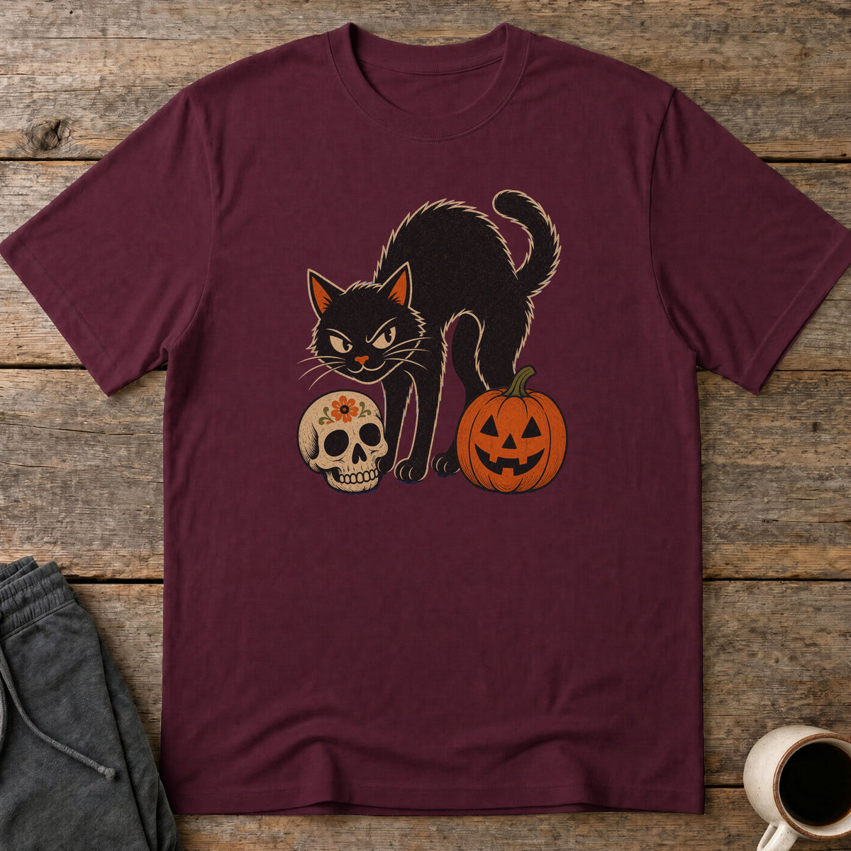 Vintage Spooky Cat T-Shirt — Maroon