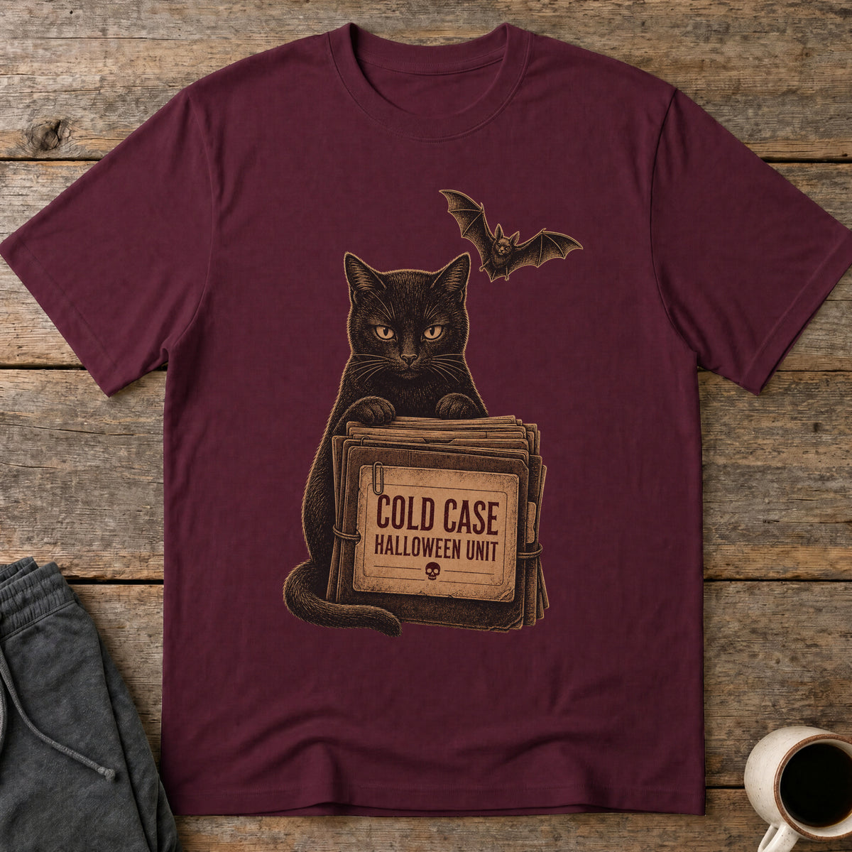 Cold Case Cat T-Shirt — Maroon